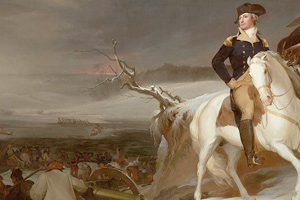 On shore, Washington leading his troops to Trenton