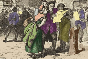 Colonists reading about the Stamp Act
