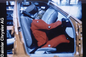 This crash dummy is protected by the airbag.
