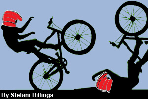 A drawing that shows how the airbag <br>protects bike riders