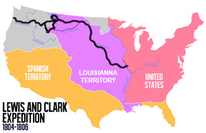 Black line shows the course of Lewis and Clark