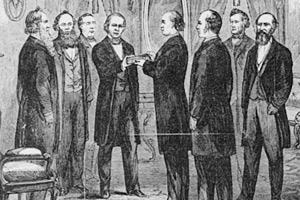 Johnson being sworn in as president after Lincoln's death