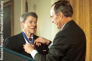 Reagan receiving the <br>Presidential Medal of Freedom in 1993