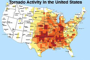 Areas in red have the most tornados in a year.