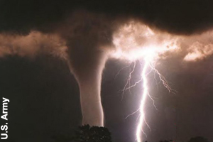 Cumulonimbus clouds with lightning <br>and a funnel cloud